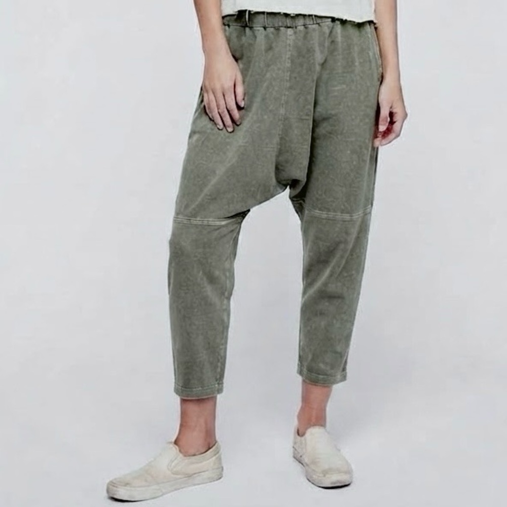 Free People Boho Chic Mineral Wash Drop Crotch Harem Jogger Pants Sage Hippie